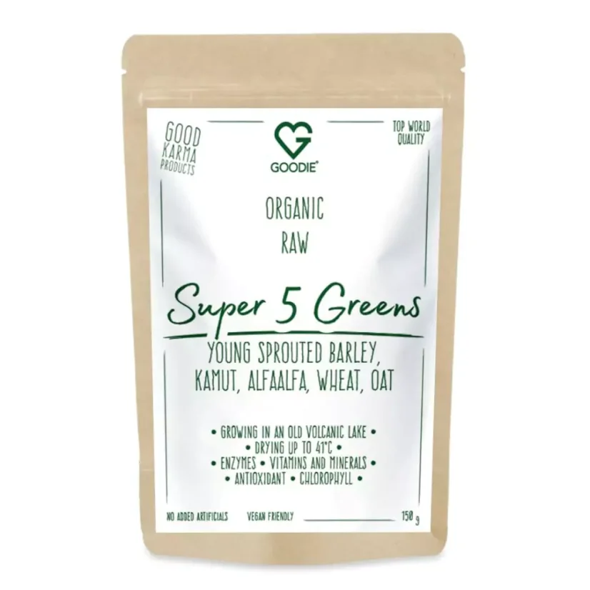 Super 5 Greens - sušené šťávy BIO, RAW - mladý ječmen, alfalfa, kamut, mladá pšenice, mladý oves 150 g CZ