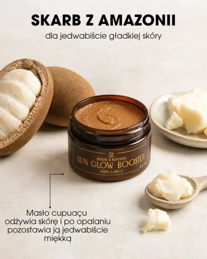 PL Sun Glow Booster - balsam wspomagający opalanie – Caramel & Vanilla 100 ml - skarb z Amazonii - masło cupuacu