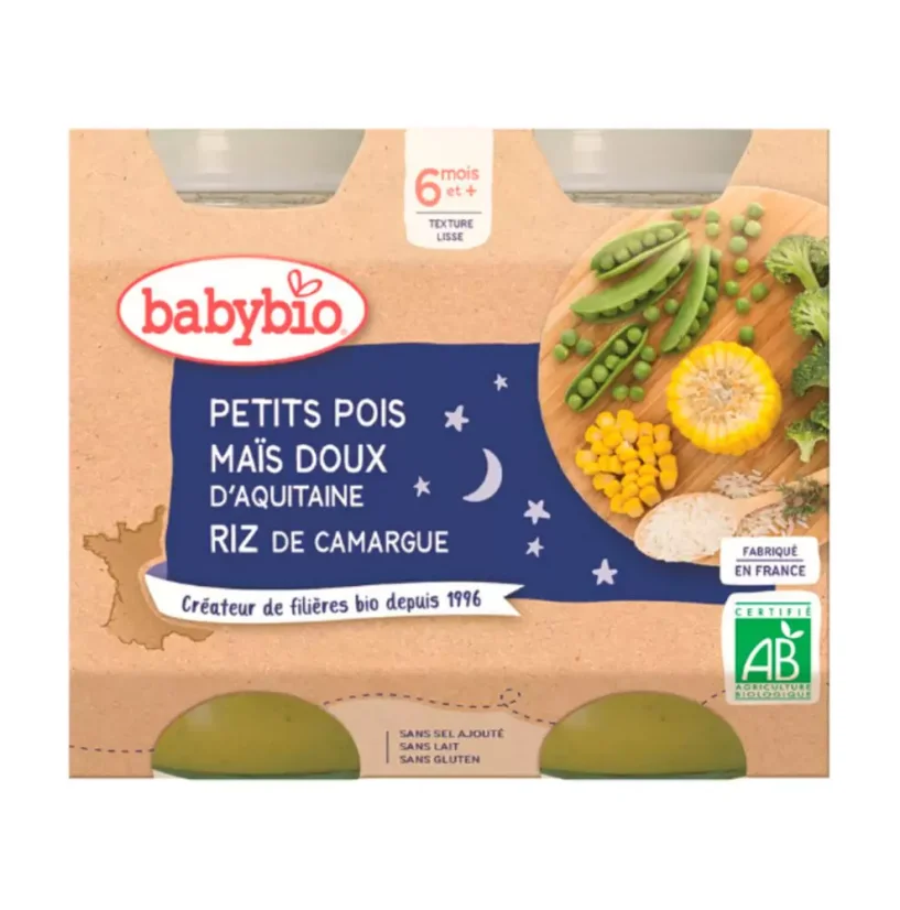 BABYBIO - večerní svačinka z hrášku, sladké kukuřice a rýže 2x200 g SK