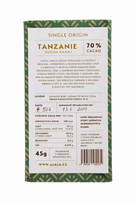 AJALA - Tanzanie Kakao Kamili 70% single origin čokoláda 45 g CZ