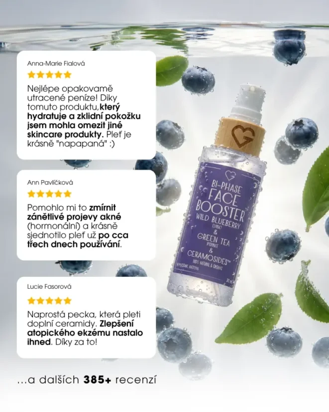 Lahvička Bi-Phase Face Booster ve vodě s borůvkami, doplněná o tři pozitivní pětihvězdičkové recenze zákaznic CZ