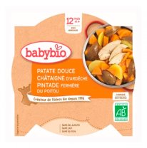 BABYBIO - przekąska na dzień ze słodkich ziemniaków z puree kasztanowym i perliczką farmerską 230 g