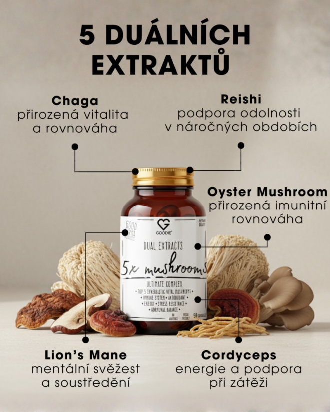 Vitálne huby - Ultimátny komplex - 5 synergických druhov - duálne extrakty - 60 kapsúl