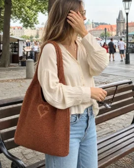 Žena s hnědou pletenou taškou přes rameno stojí na nábřeží města vedle lavičky během procházky. CZ