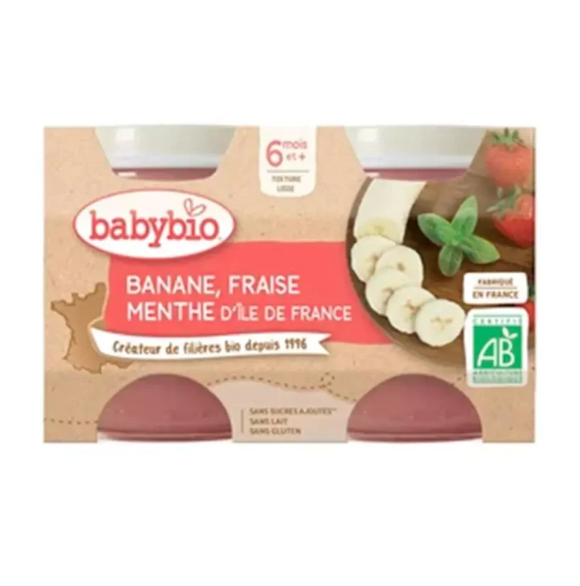 BABYBIO - ovocná svačinka jablko, banán a jahody s mátou 2x130 g CZ