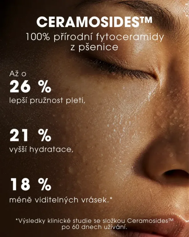 Detail orosené tváře s textem o účincích fytoceramidů Ceramosides na pružnost, hydrataci a vrásky. CZ