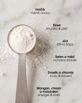 Prášek na lžicce obsahuje minerály jako je hořčík, zinek, jód, selen, měď, draslík a chloridy, mangan, chrom, molybden. CZ 