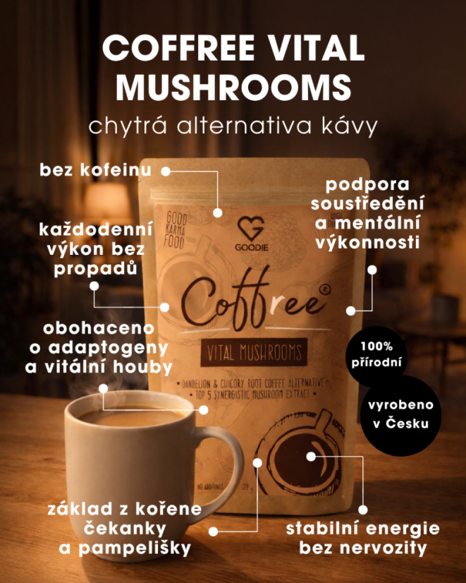 Coffree Vital Mushrooms - 5 synergických druhů - duální extrakty 120 g CZ