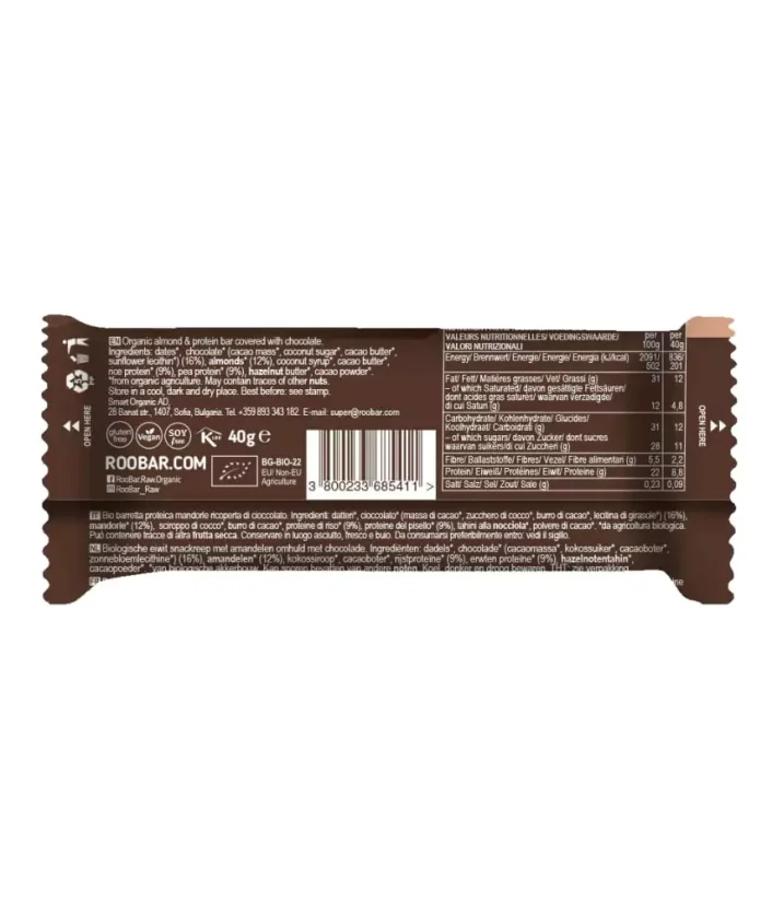 Roobar - Proteinová s čokoládou - Almond & protein bar covered with chocolate BIO 40g CZ