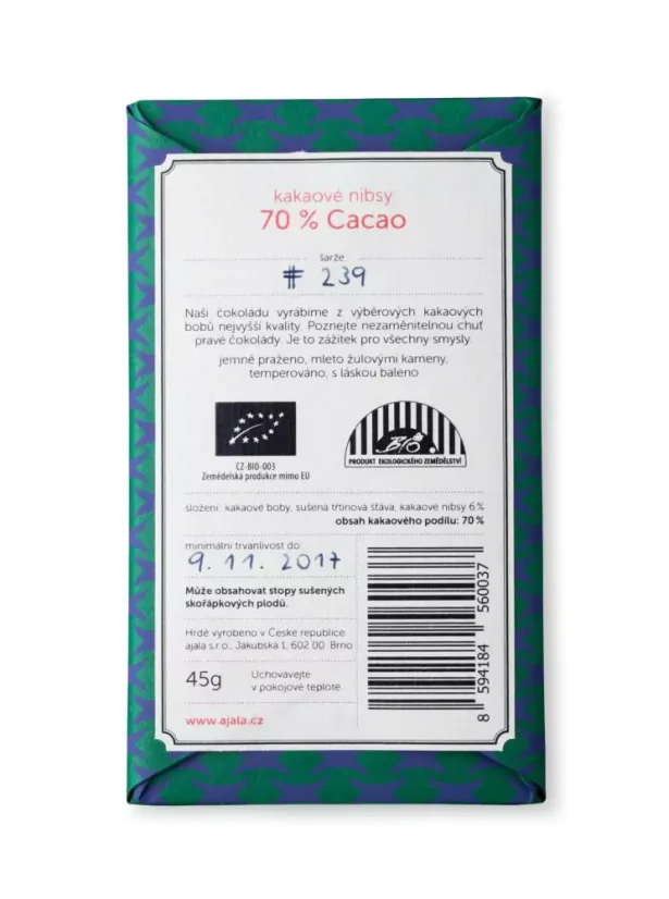 AJALA - Kakaové nibsy 70% čokoláda BIO 45 g SK