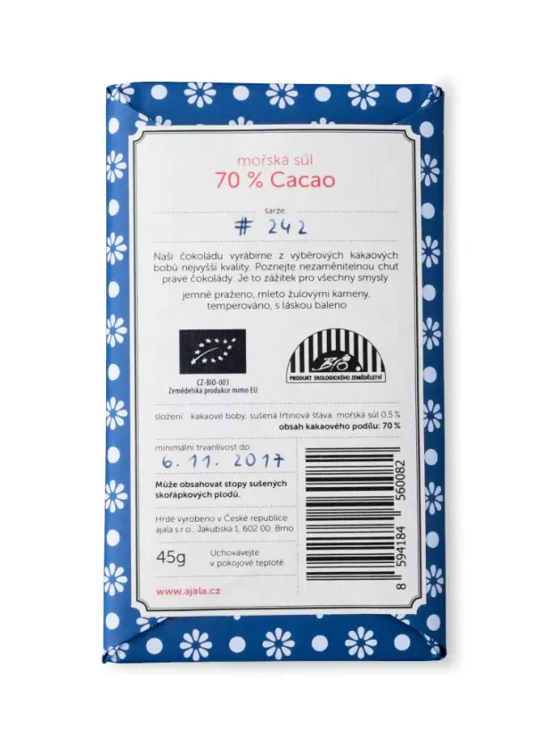 AJALA - Morská soľ 70% čokoláda BIO 45 g SK