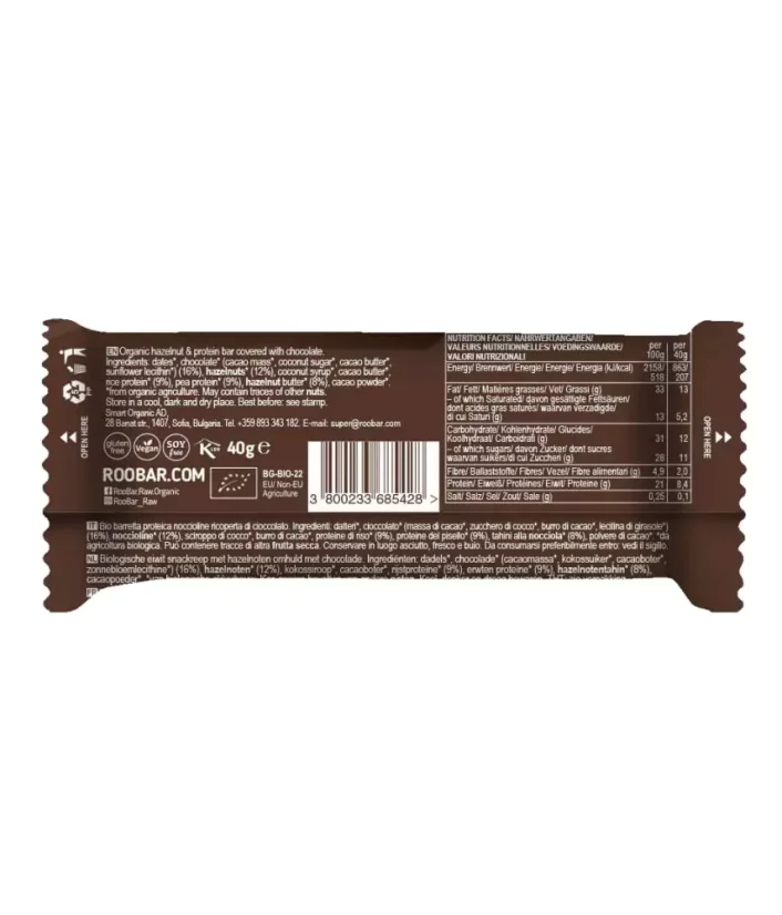 Roobar - Proteinová s čokoládou - Hazelnut & protein bar covered with chocolate BIO 40g CZ