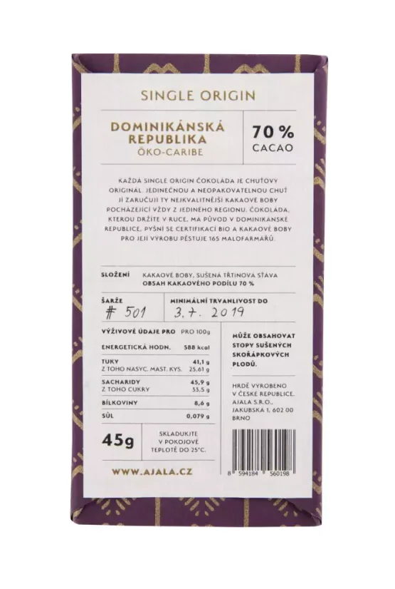 AJALA - Dominikánská republika Öko-Caribe 70% single origin čokoláda 45 g CZ
