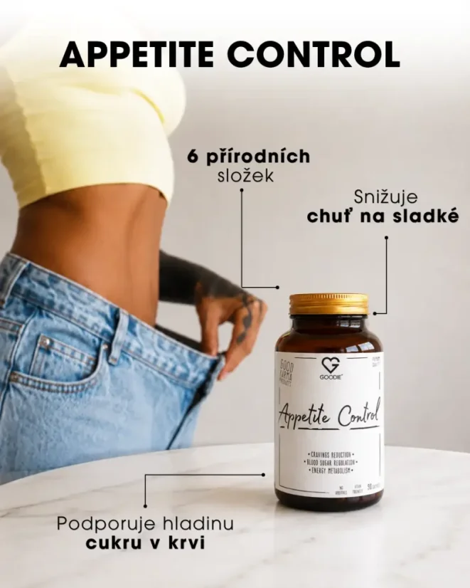 Balení Appetite Control vedle ženy v volných džínách, znázorňující podporu kontroly chuti k jídlu. CZ