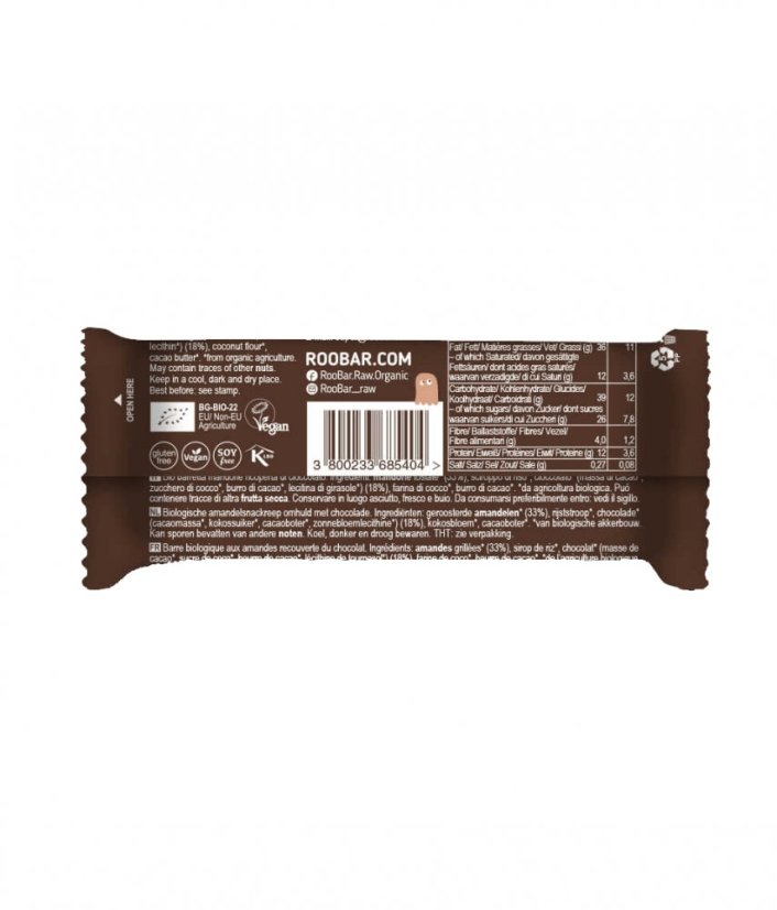 Roobar Chocolate covered almond bar BIO 30g CZ