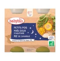 BABYBIO - przekąska na wieczór z groszkiem, słodką kukurydzą i ryżem 2×200 g