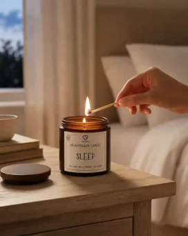 CZ Aroma svíčka Sleep na nočním stolku při zapalování před večerním odpočinkem