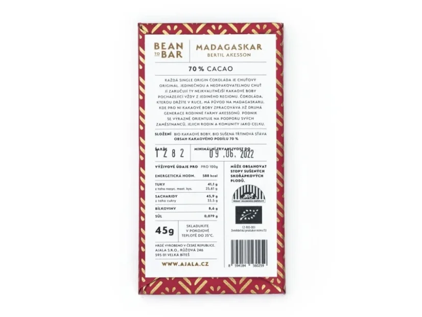 AJALA - Madagaskar Akesson 70% single origin čokoláda 45 g CZ
